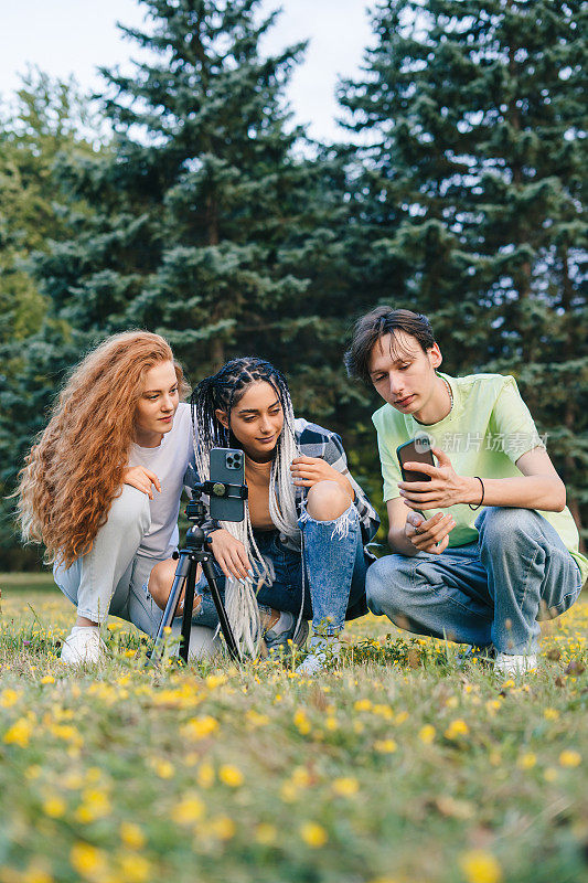 青少年博主坐在夏天的公园里，为社交媒体网络博客选择时髦的舞蹈视频。视频直播。多民族的团队。创意团队
