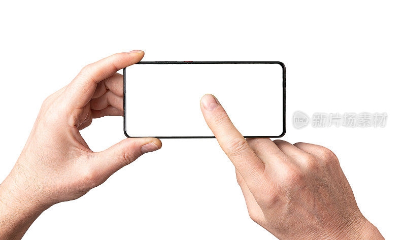 手机模型，手拿智能手机，用手指指着，点击播放在空白的手机屏幕模型框架上孤立的白色背景