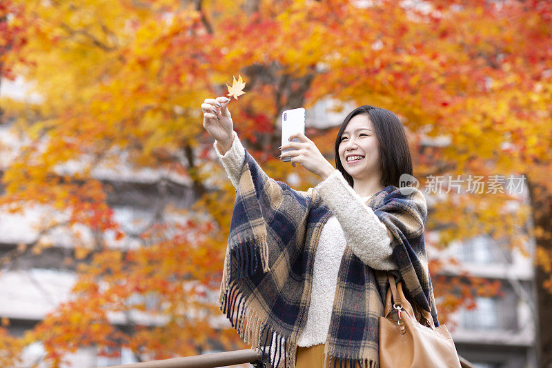 一名女子正在用智能手机拍摄秋天的树叶
