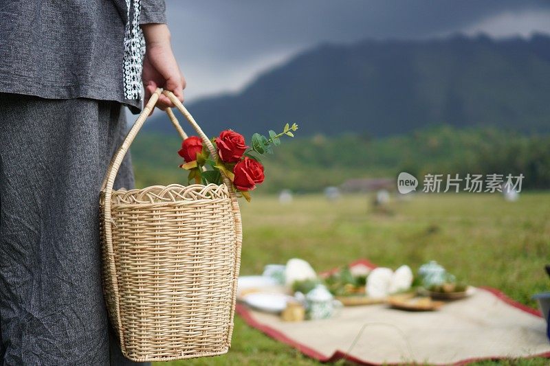 后院的篮子里，女人手拿红玫瑰