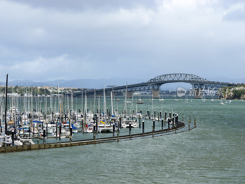 新西兰奥克兰的贝斯沃特码头和奥克兰海港大桥