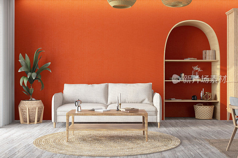 带沙发和茶几的橙色客厅
