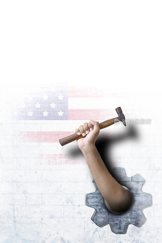 一个机器部分车轮涂在grunge纹理明亮的垂直grunge砖墙白色背景褪色的背景与手持锤子工具适用于美国劳动节海报和美国国旗设计作为涂鸦