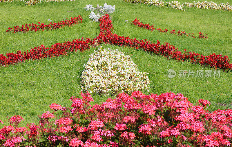 夏季花园花坛繁盛，花坛上有各种开花的红、白、樱、草