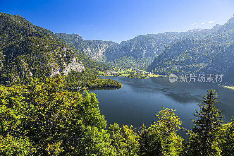 俯瞰哈尔施塔特湖，哈尔施塔特-达赫斯坦萨尔茨卡默古特，哈尔施塔特，上奥地利，奥地利，欧洲