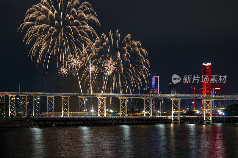 海滨城市庆祝新年节日烟花表演