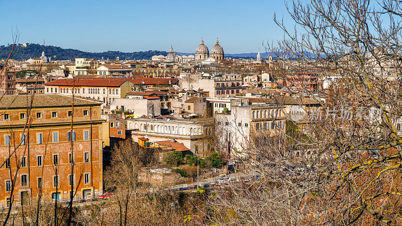 从阿凡廷山上俯瞰罗马屋顶的令人联想和详细的景象