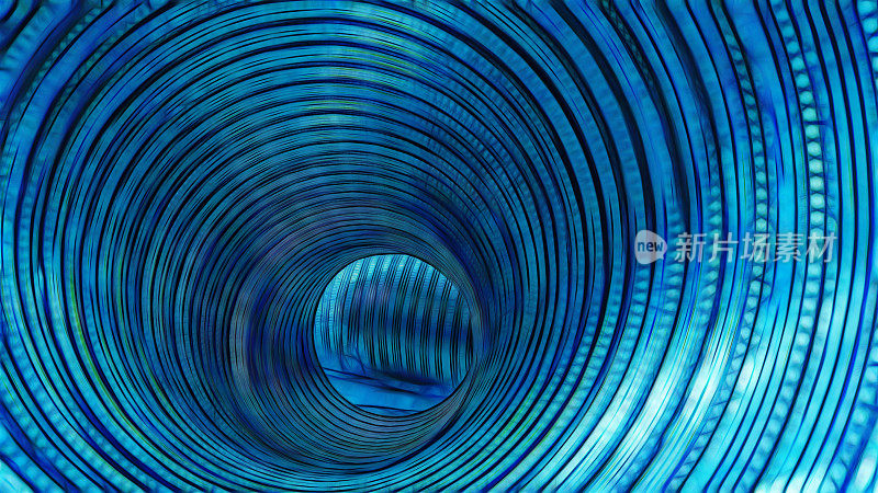 往下看，在蜡染丝绸绘画模糊风格的蓝色金属隧道长度