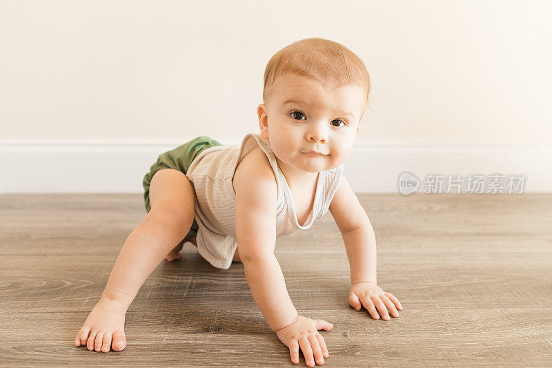 一名7个月大的患有多指畸形的大男婴，穿着橄榄绿可重复使用和可持续的布料尿布和米色背心，正在家里的木地板上学习爬行