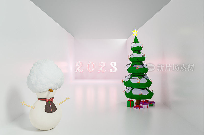 2023年新年快乐贺卡，小屋，松树和礼盒上的雪人