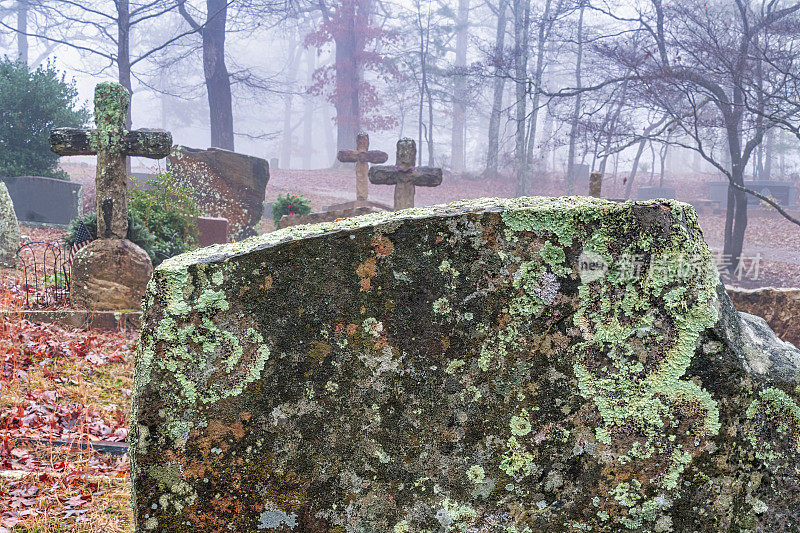 清晨雾气弥漫，在一个古老的墓地里，树木和苔藓覆盖着墓碑和十字架。秋叶覆盖着田纳西州塞瓦尼大学墓地的地面。