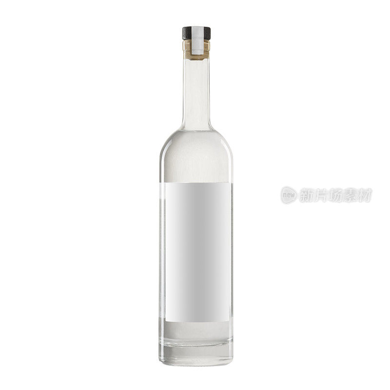 烈酒白色透明瓶，白色背景上有空白标签。