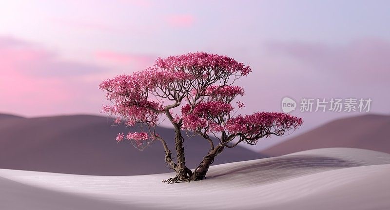 沙漠中粉红色的树，宁静的景色，抽象的，粉红色的天空
