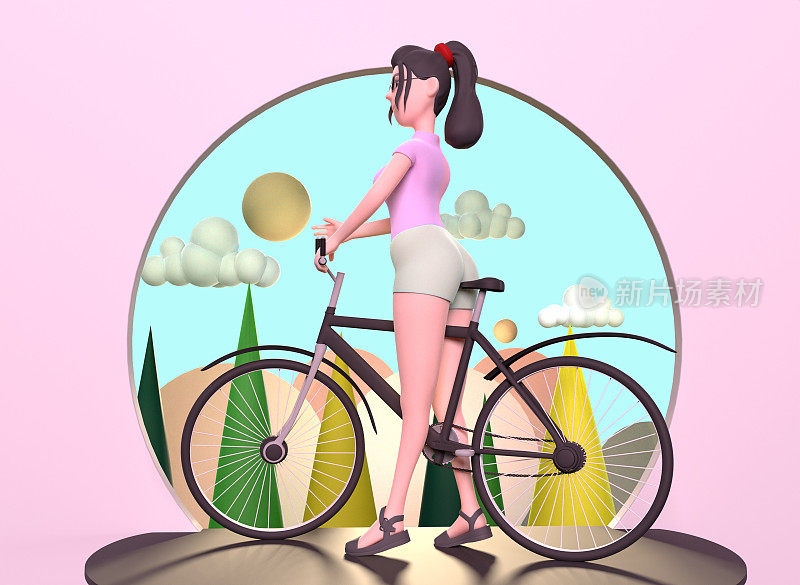 一个穿着黑色短裤和t恤的女孩坐在一辆3d渲染的自行车上