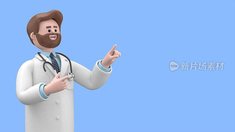 男医生艾弗森的3D插图显示你的方式，指着他的手指空的广告复制空间。最小的风格。蓝色背景的3D渲染。