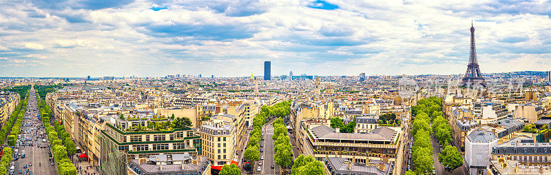 巴黎,法国。凯旋门全景。埃菲尔铁塔和香榭丽舍大道。
