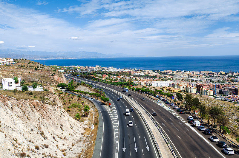 沿贝纳尔马德纳镇的地中海高速公路鸟瞰图。太阳海岸，安达卢西亚，西班牙南部
