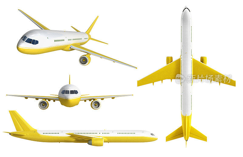 白色和黄色的飞机设置在白色背景上的3d渲染