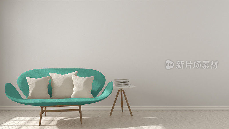 斯堪的纳维亚极简主义背景，绿松石沙发人字形天然拼花地板，室内设计