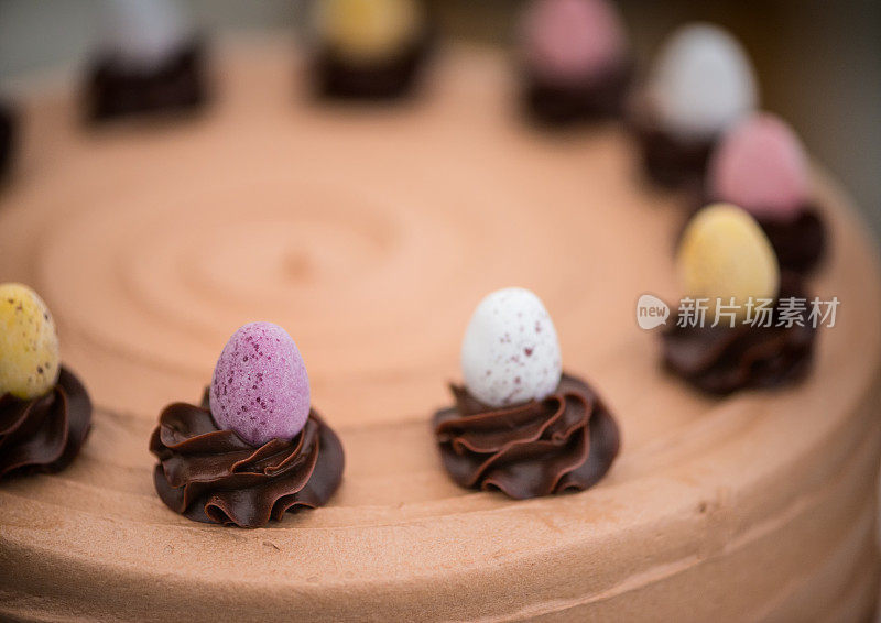 巧克力蛋糕上的复活节彩蛋配巧克力酱和糖霜