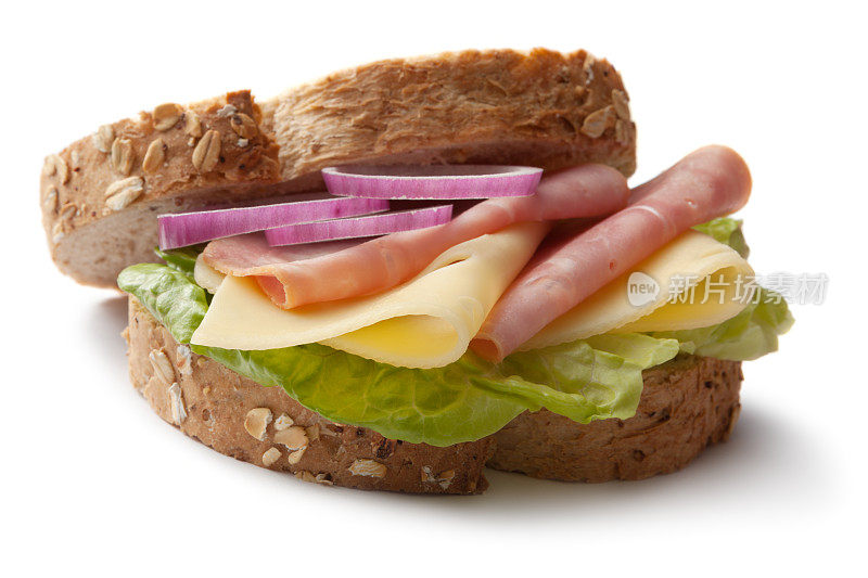 三明治:火腿和奶酪三明治孤立的白色背景