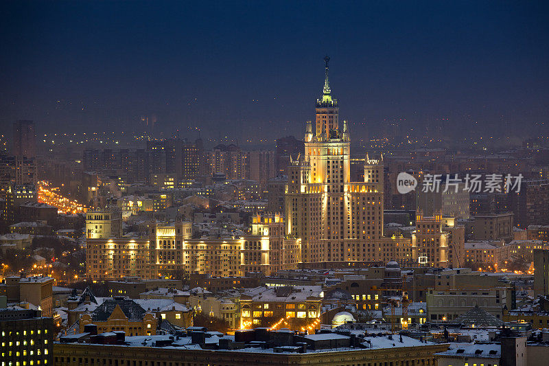 冬季莫斯科城市夜景。鸟瞰图