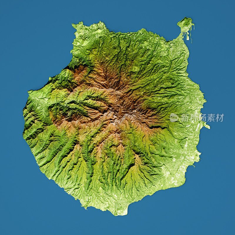 大加那利岛3D模型地形图增强的颜色顶视图