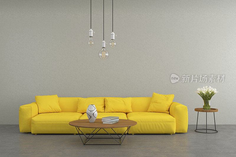 配有爱迪生灯泡的黄色现代沙发