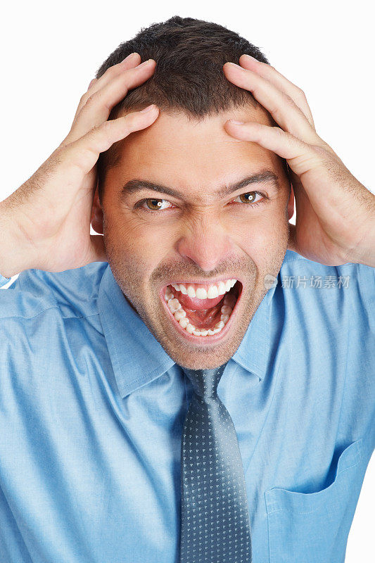 头痛-一个愤怒的商人在痛苦中尖叫的肖像