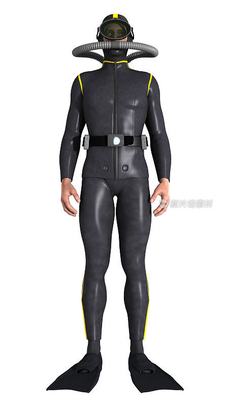 3D插图男性潜水员在白色