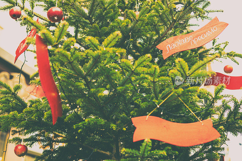 克拉科夫的圣诞树上挂着一块牌子，上面写着欢迎的字样，翻译成俄文