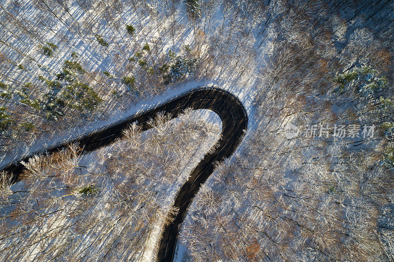 无人机:空中公路旅行-公路弯曲冬季森林