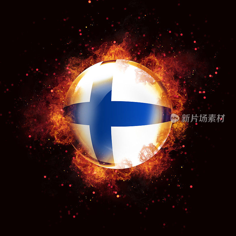 黑色背景上燃烧着的芬兰国旗