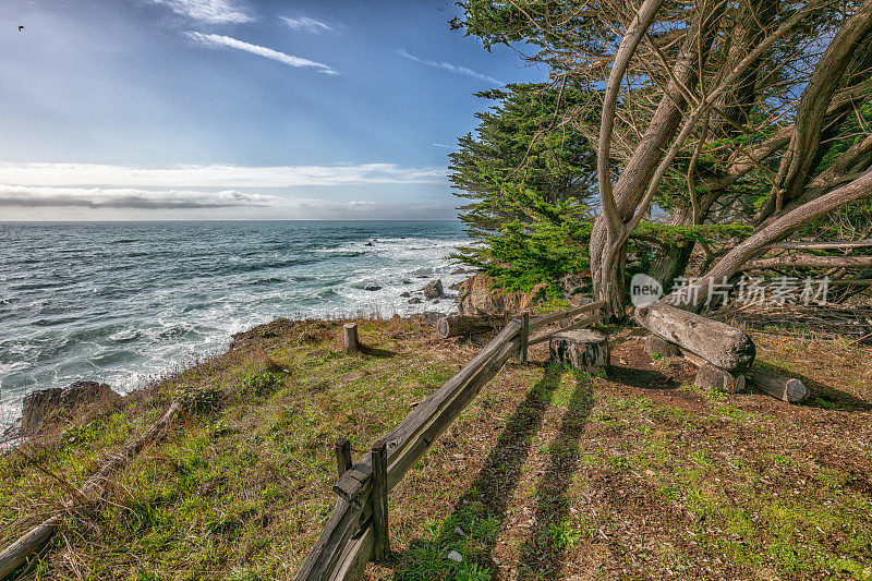 加州北部太平洋边的木凳:海洋牧场:在阳光明媚的日子里，没有人，篱笆，柏树