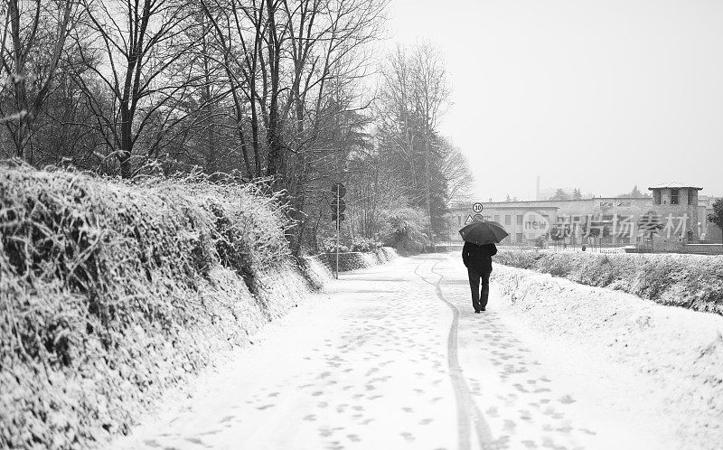 在下雪期间在街上行走的人的后视图