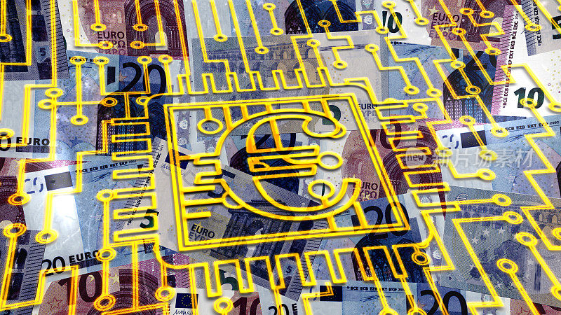 带有数字计算机图形元素的欧盟货币符号