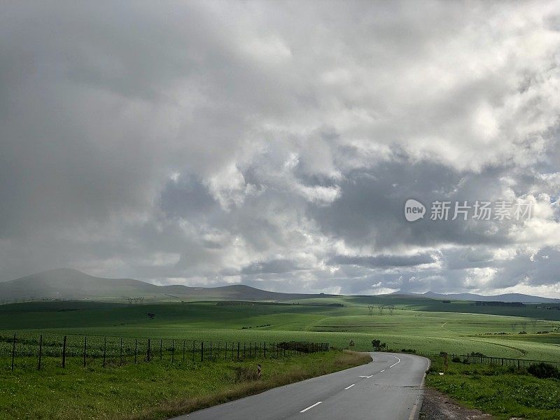 蜿蜒的道路穿过麦田，阴沉的天空