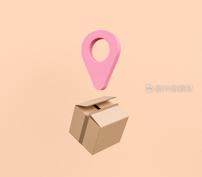 配送概念与纸板箱和粉红色的位置针