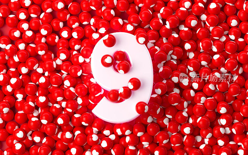 情人节背景-白色数字9包围与白色心形纹理的红色球体