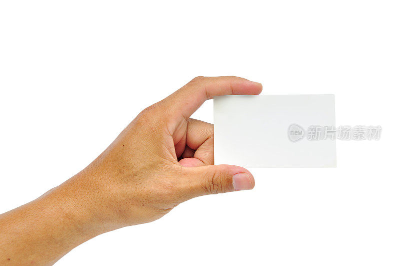 一张空白的白色卡片，由孤立在白色卡片上的手握着
