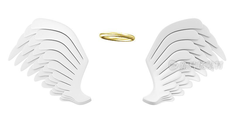 天使白翼与金光孤立在白色背景