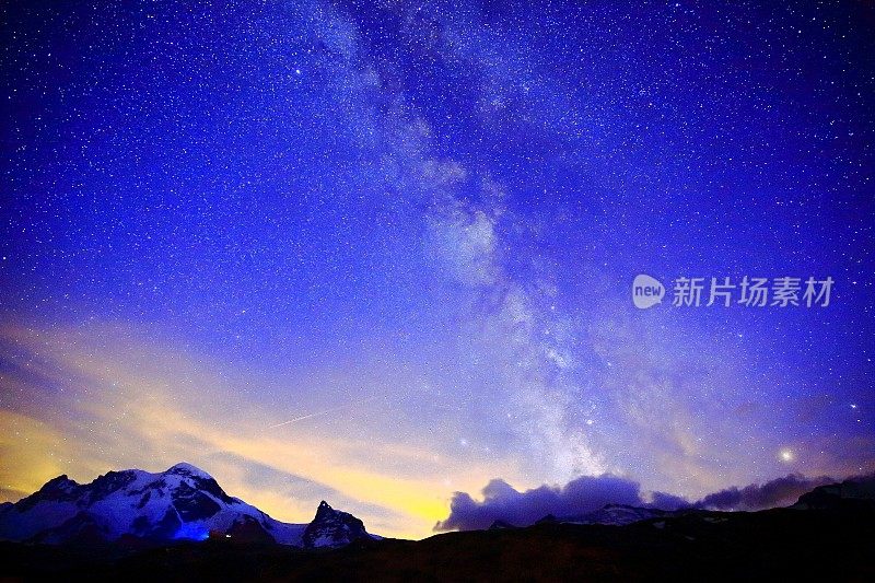 银河系上方的罗莎山，瑞士阿尔卑斯山夜景