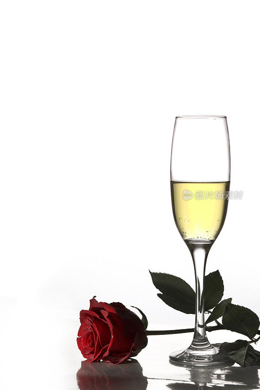 香槟和玫瑰映衬着白色的背景
