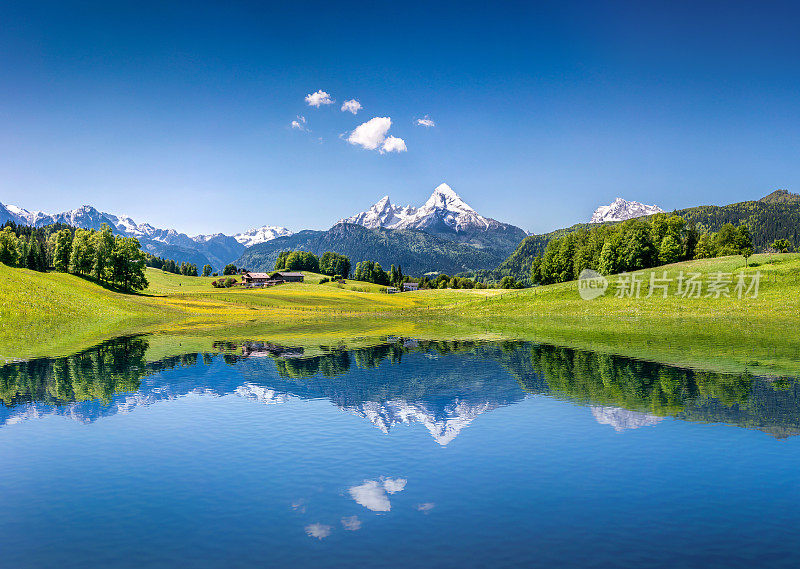 在阿尔卑斯山的山湖田园般的夏季景观