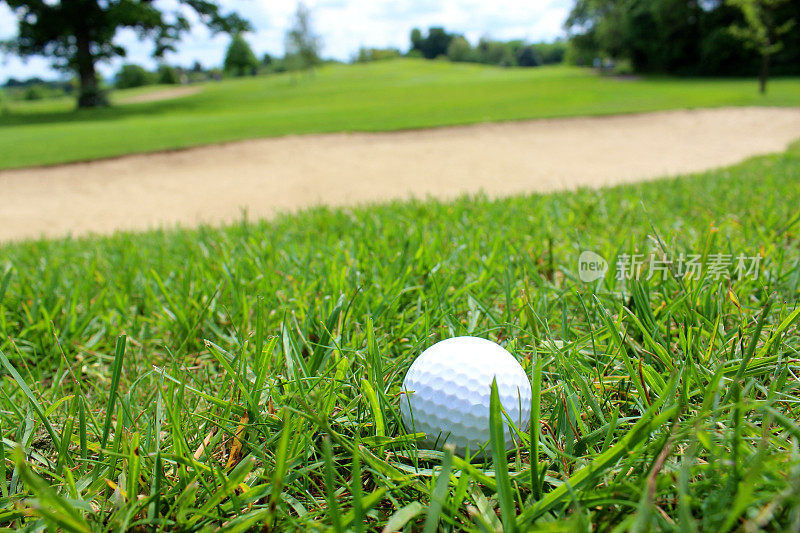 近景高尔夫球在草地上的高尔夫球场，沙坑