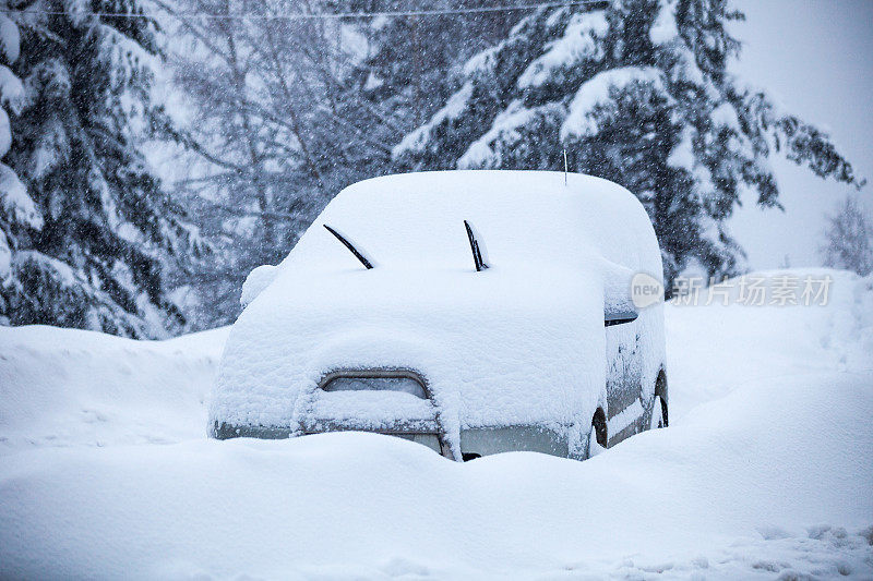 汽车被白雪覆盖在松林皑皑的风景中