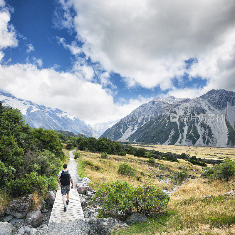 新西兰南阿尔卑斯山库克山的徒步旅行者