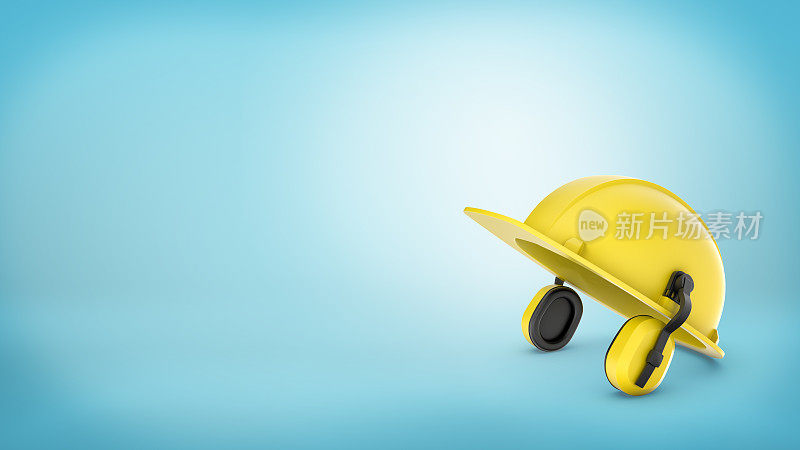 一顶蓝色背景上带耳罩的黄色建筑工人安全帽