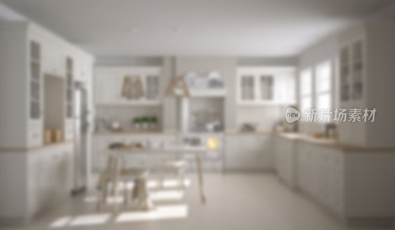 模糊的背景室内设计，斯堪的纳维亚经典白色厨房与木制的细节