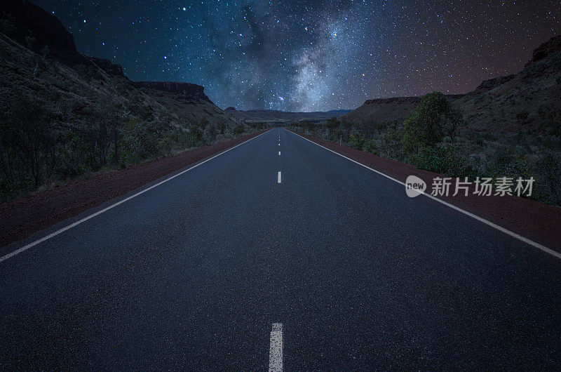 空旷的公路在夜晚与美丽的银河